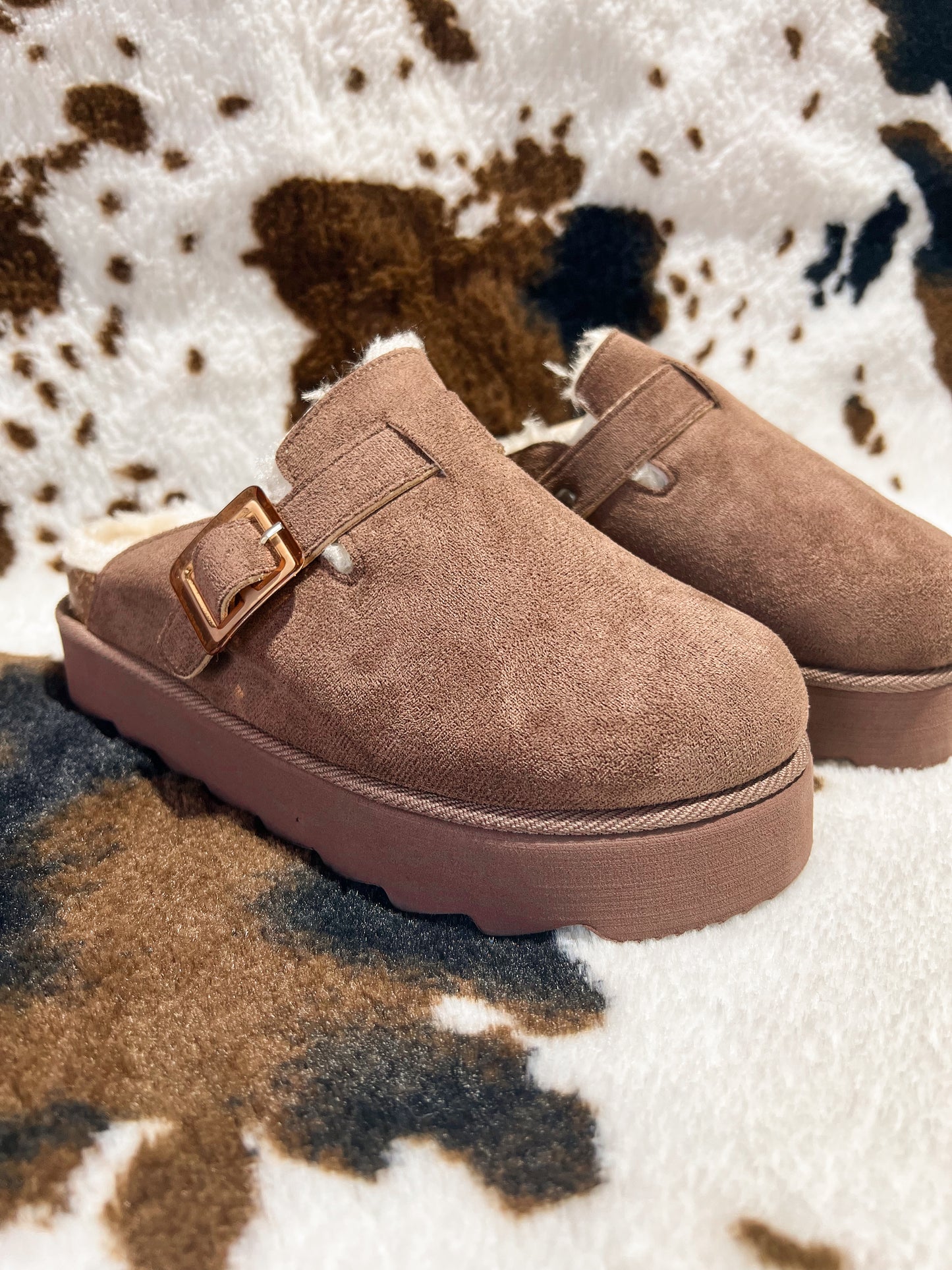 Sunday Taupe Suede Sherpa Lined Platform Mule