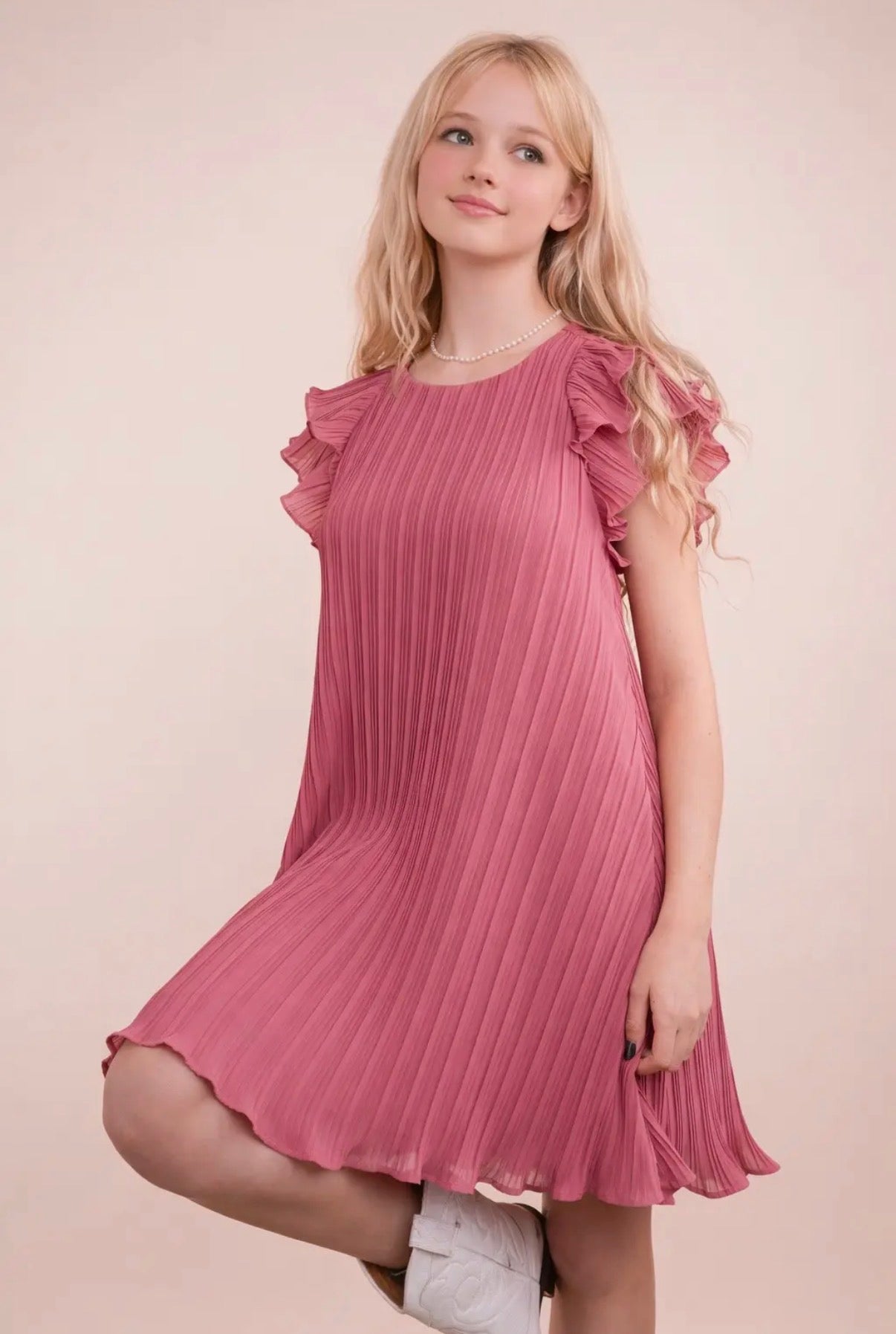 Rose Pleated Ruffle Sleeve Dress