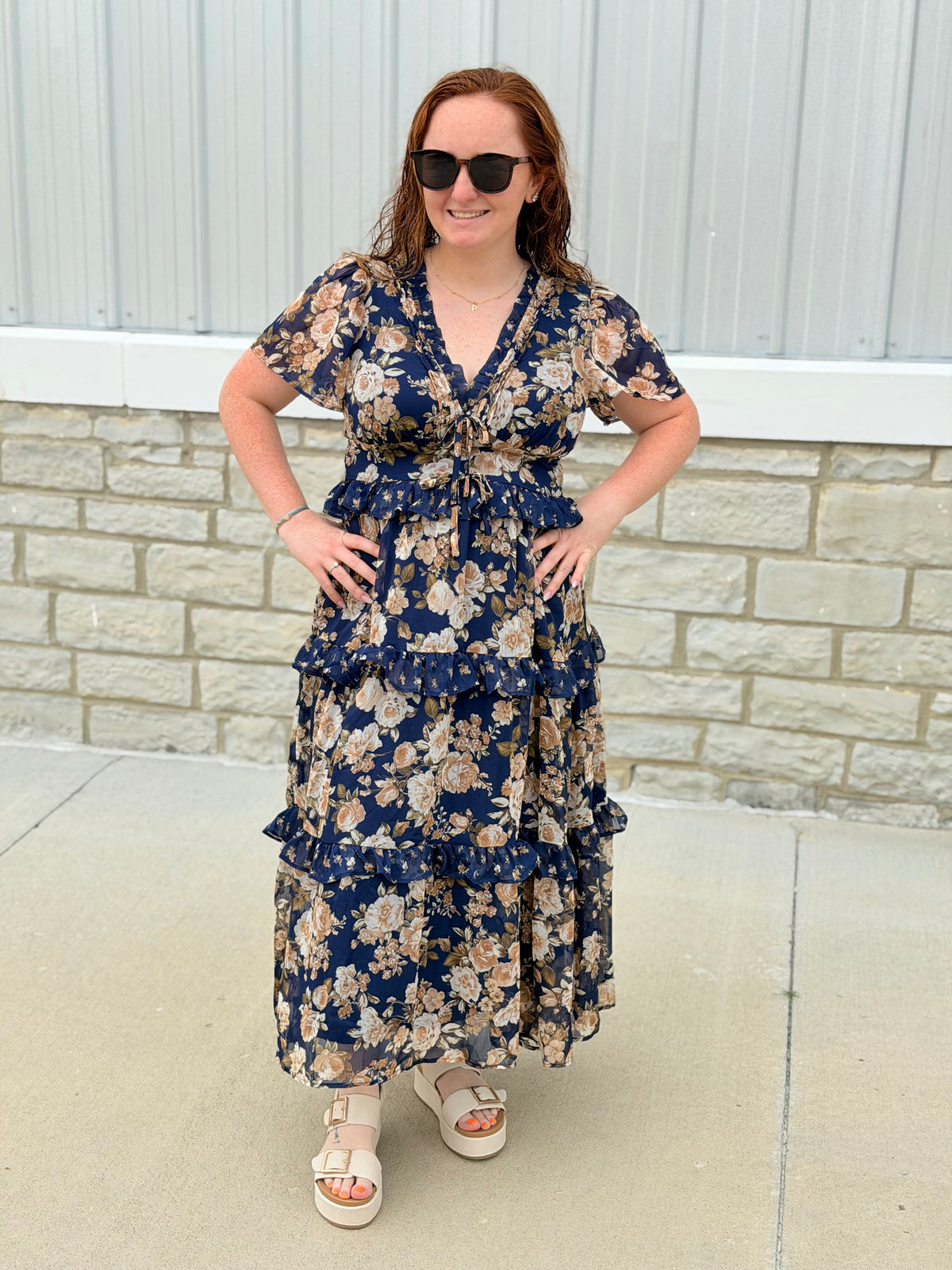 Navy Floral Tiered Midi Dress