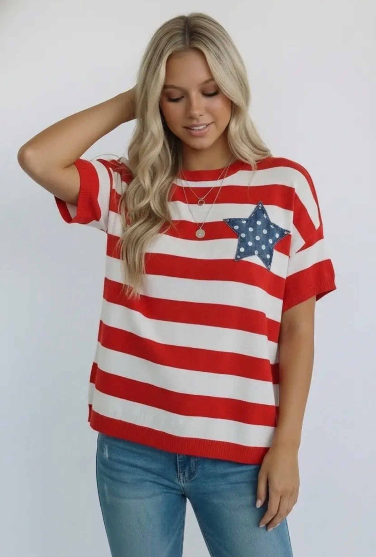 Red Stripe + Star Patch Top