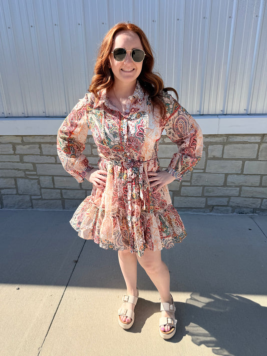 Pretty Paisley Long Sleeve Button Down Shirt Dress