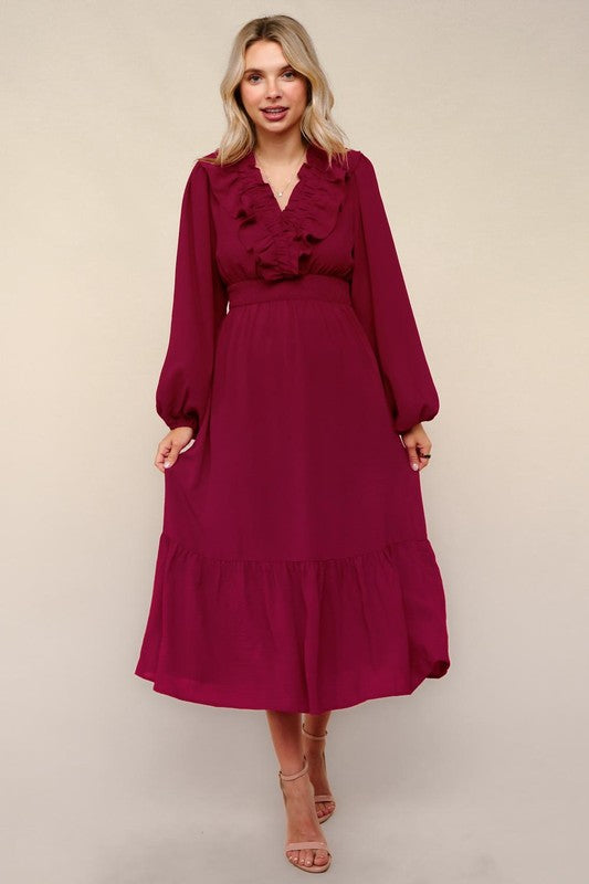 Burgundy Ruffle V-Neck Long Sleeve Dress