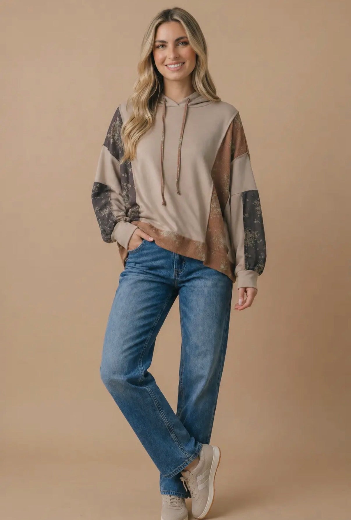 Taupe Floral Colorblock Hoodie