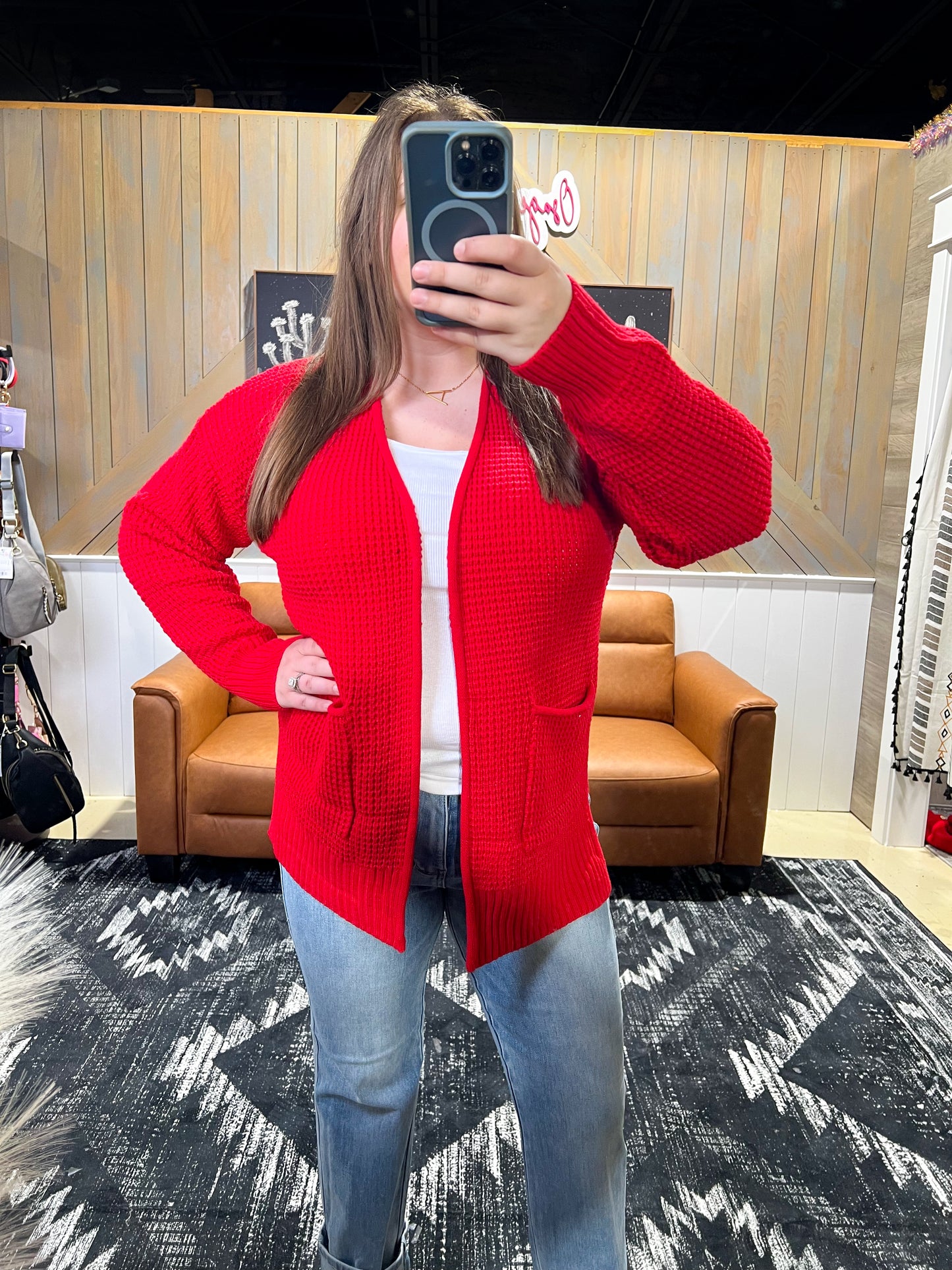 Ruby Red Waffle Knit Cardigan