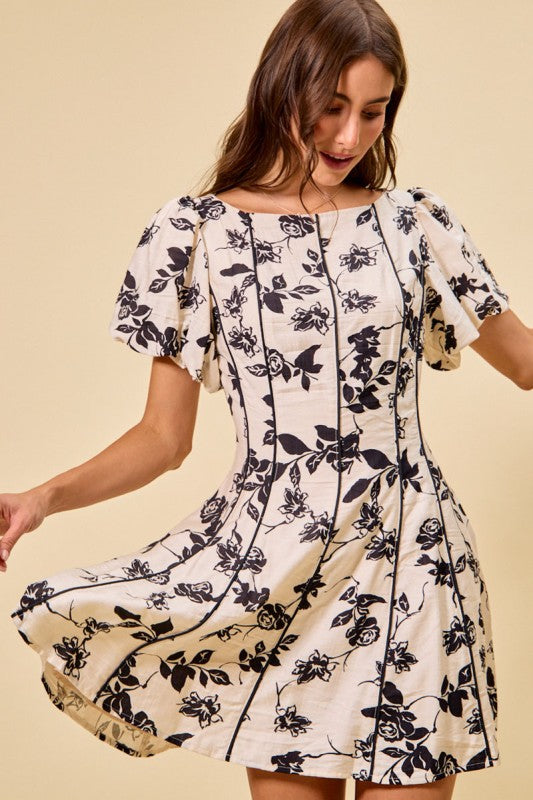 Ivory & Black Floral Fit & Flare Dress