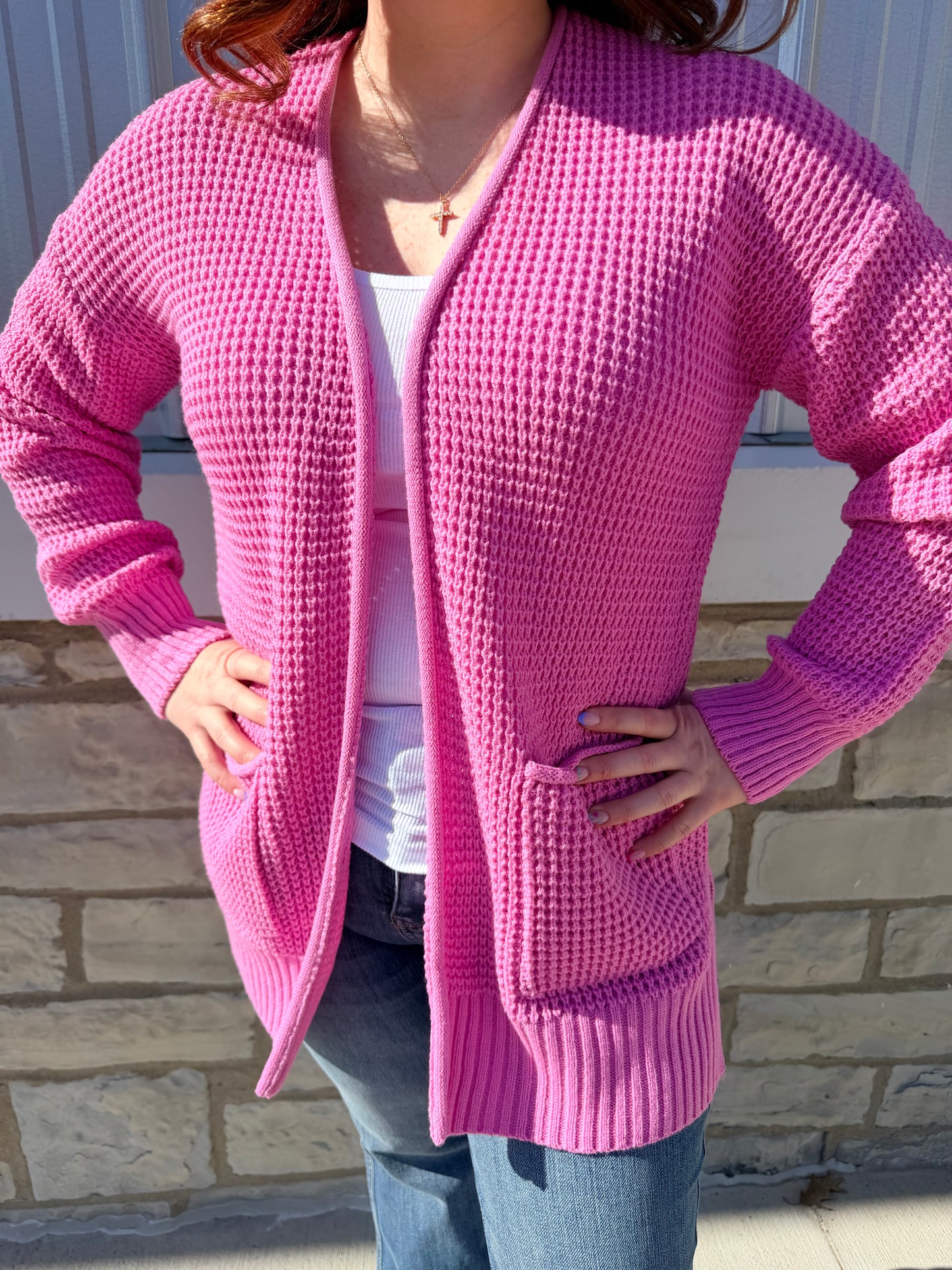 Candy Pink Waffle Knit Cardigan