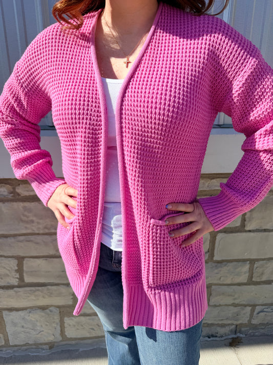 Candy Pink Waffle Knit Cardigan