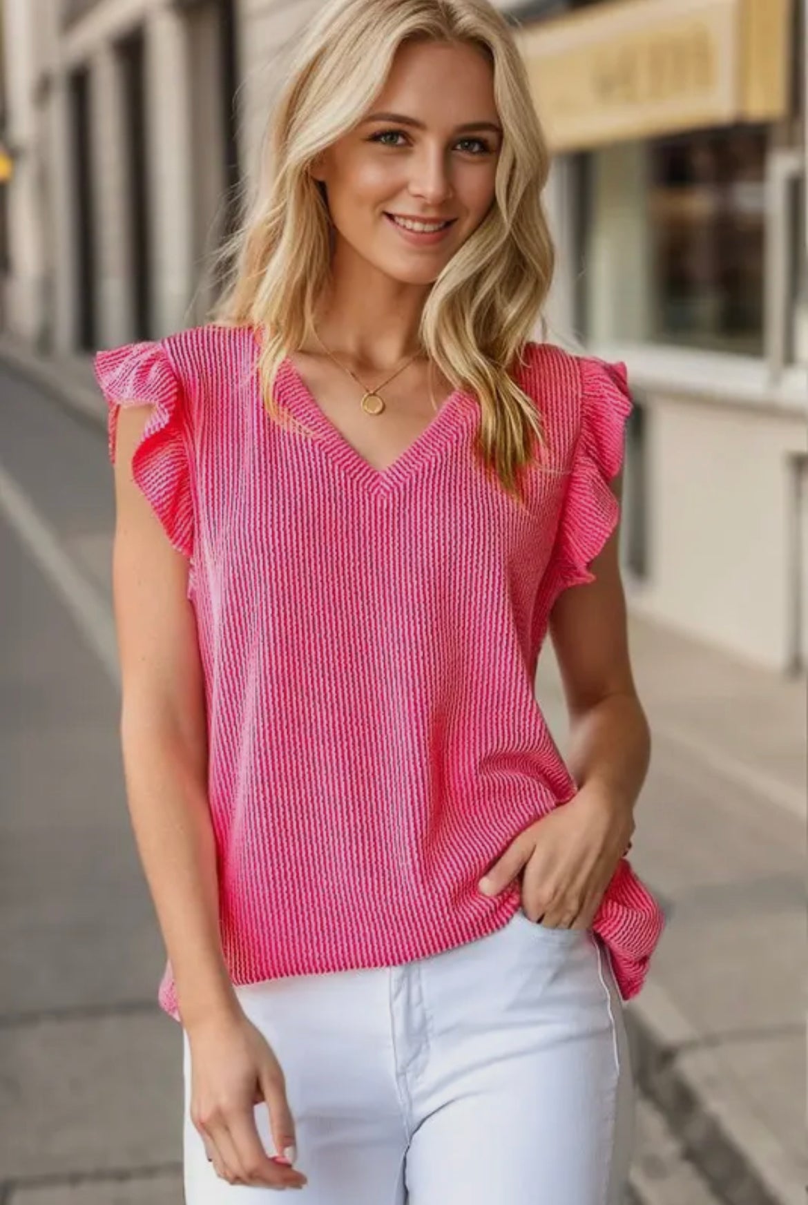 3XL Fuchsia Ribbed Ruffle Sleeve Top