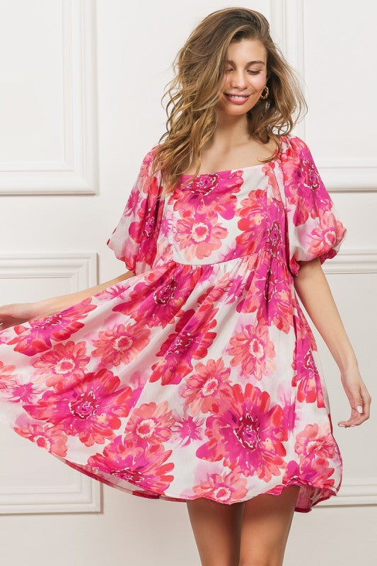 Magenta Satin Floral Square Neck Dress