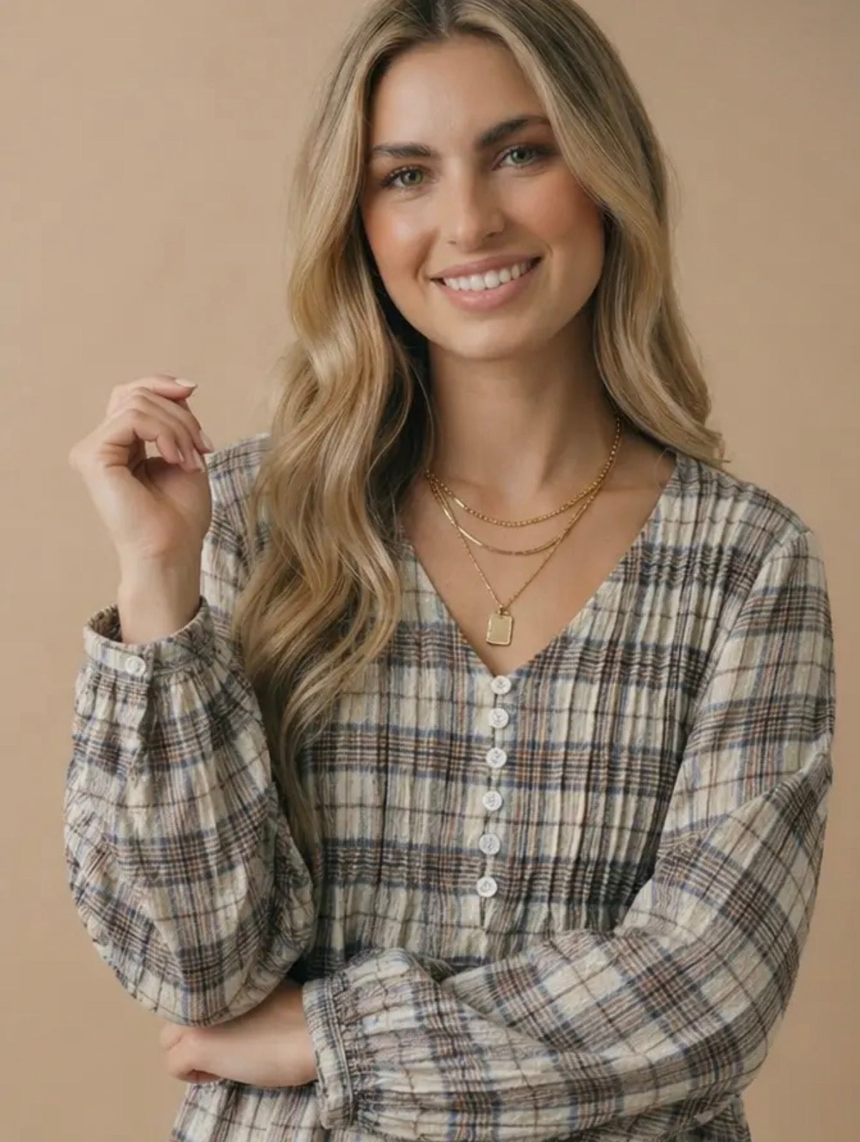 Oatmeal + Taupe Crinkle Plaid Button Blouse