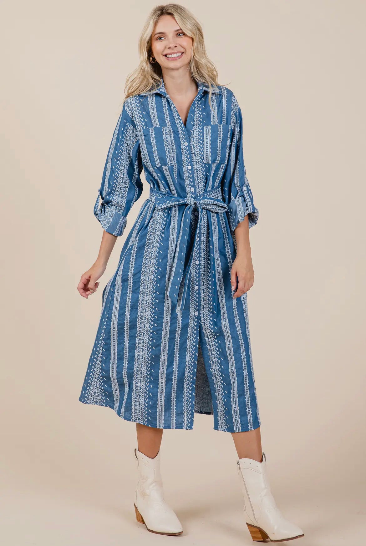 Denim Embroidered Midi Shirt Dress