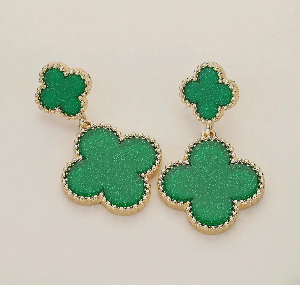 Gold & Green Glitter Double Clover Earrings