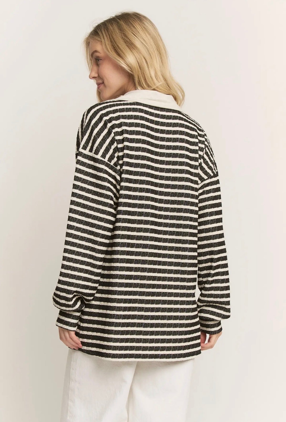 Black + Cream Collared Long Sleeve Top