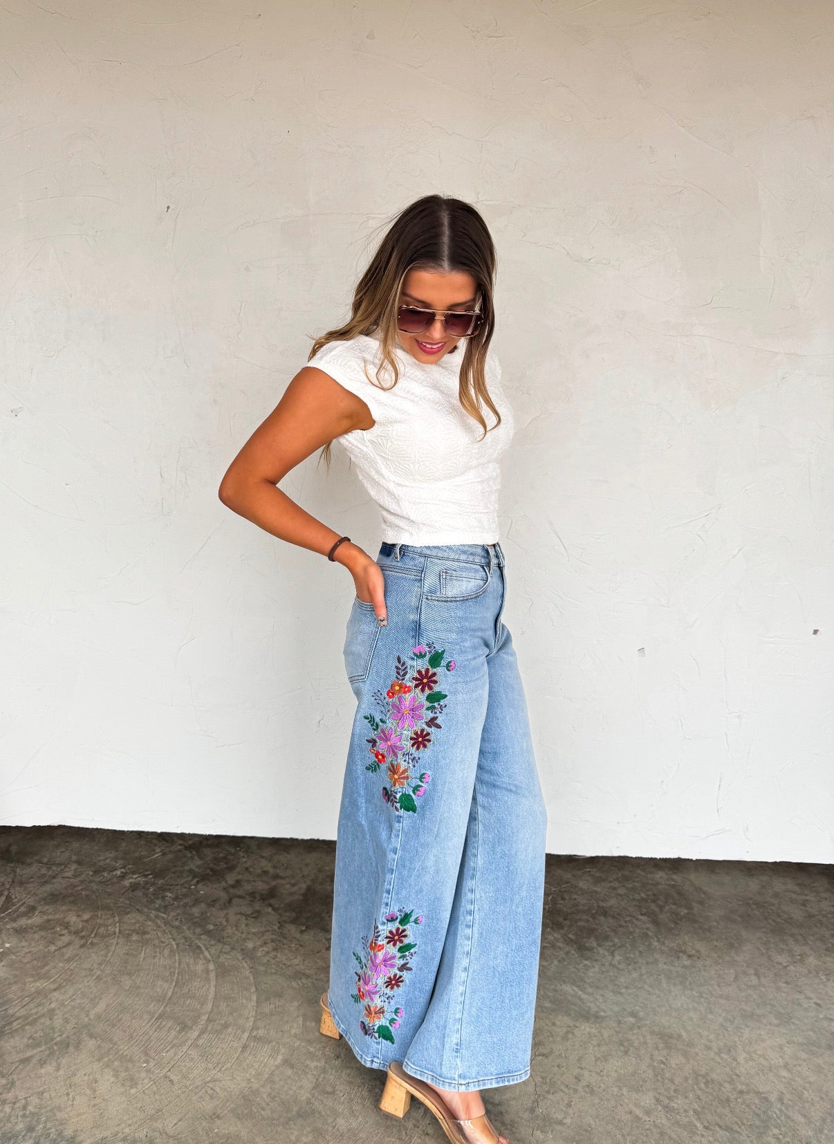 Blakeley Evie Floral Embroidered Wide Leg Jeans