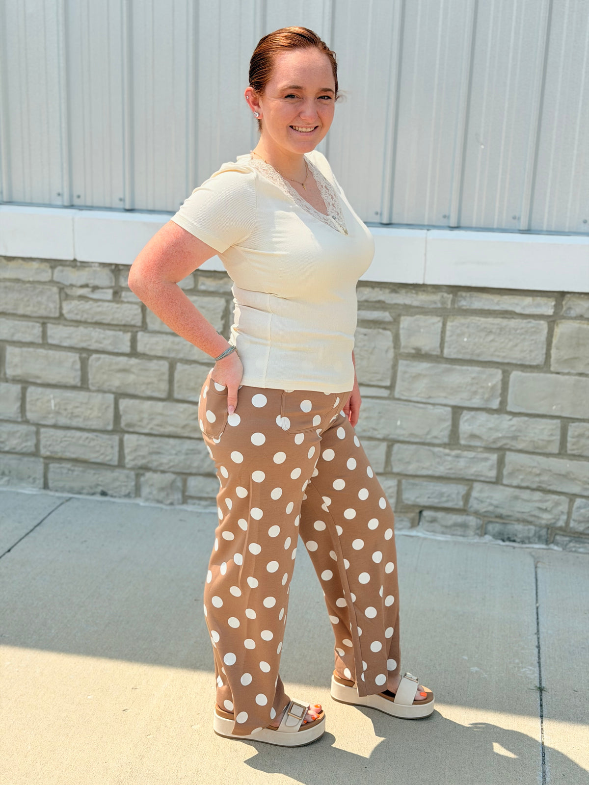 Camel Polka Dot High Rise Wide Leg Pants