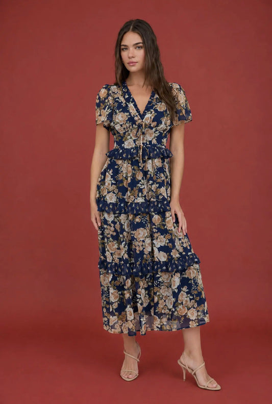 Navy Floral Tiered Midi Dress