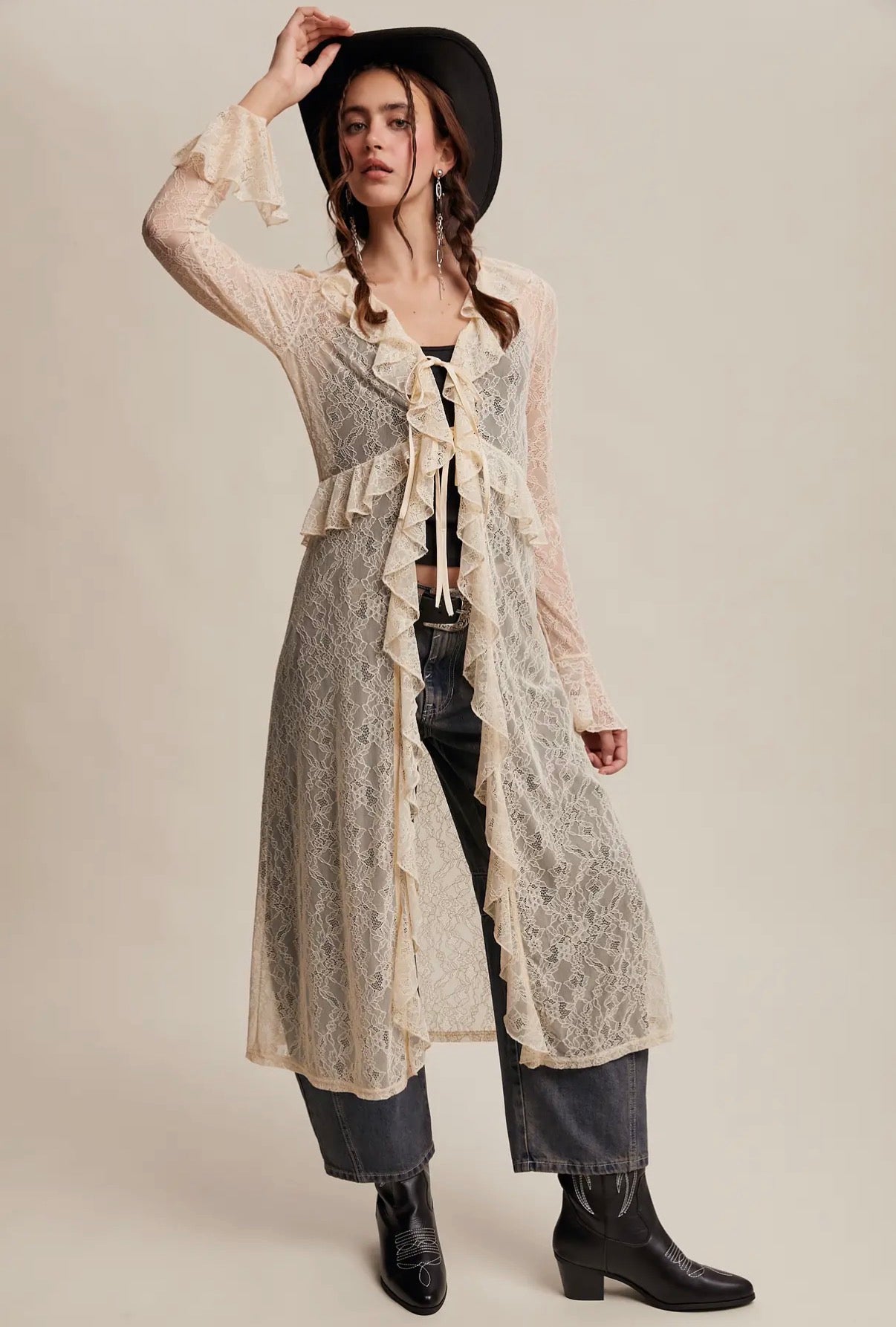 Ecru Sheer Lace Ruffle Duster