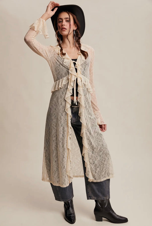 Ecru Sheer Lace Ruffle Duster