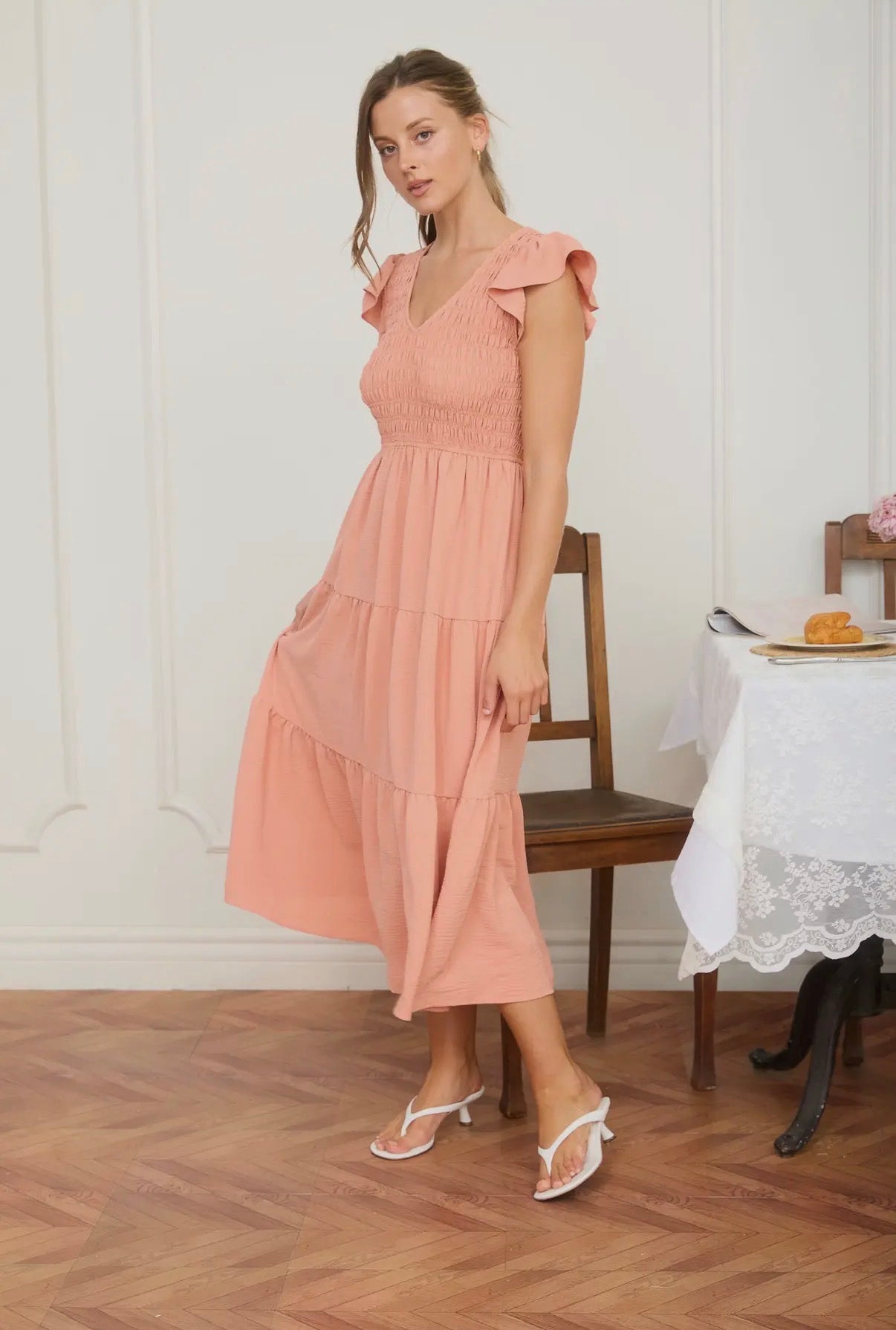 2XL Peach Smocked Flutter Sleeve Midi Dress