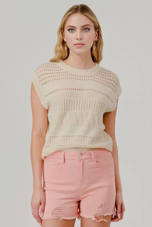 Cream Crochet Detail Short Sleeve Top