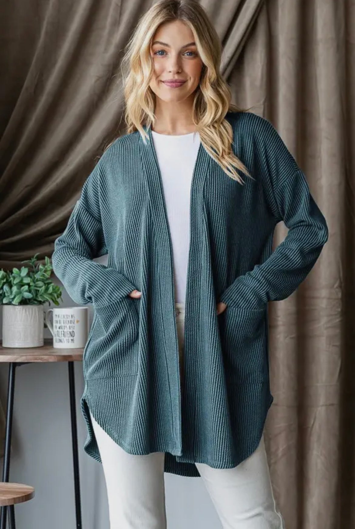 Hunter Green Ribbed Open Cardigan