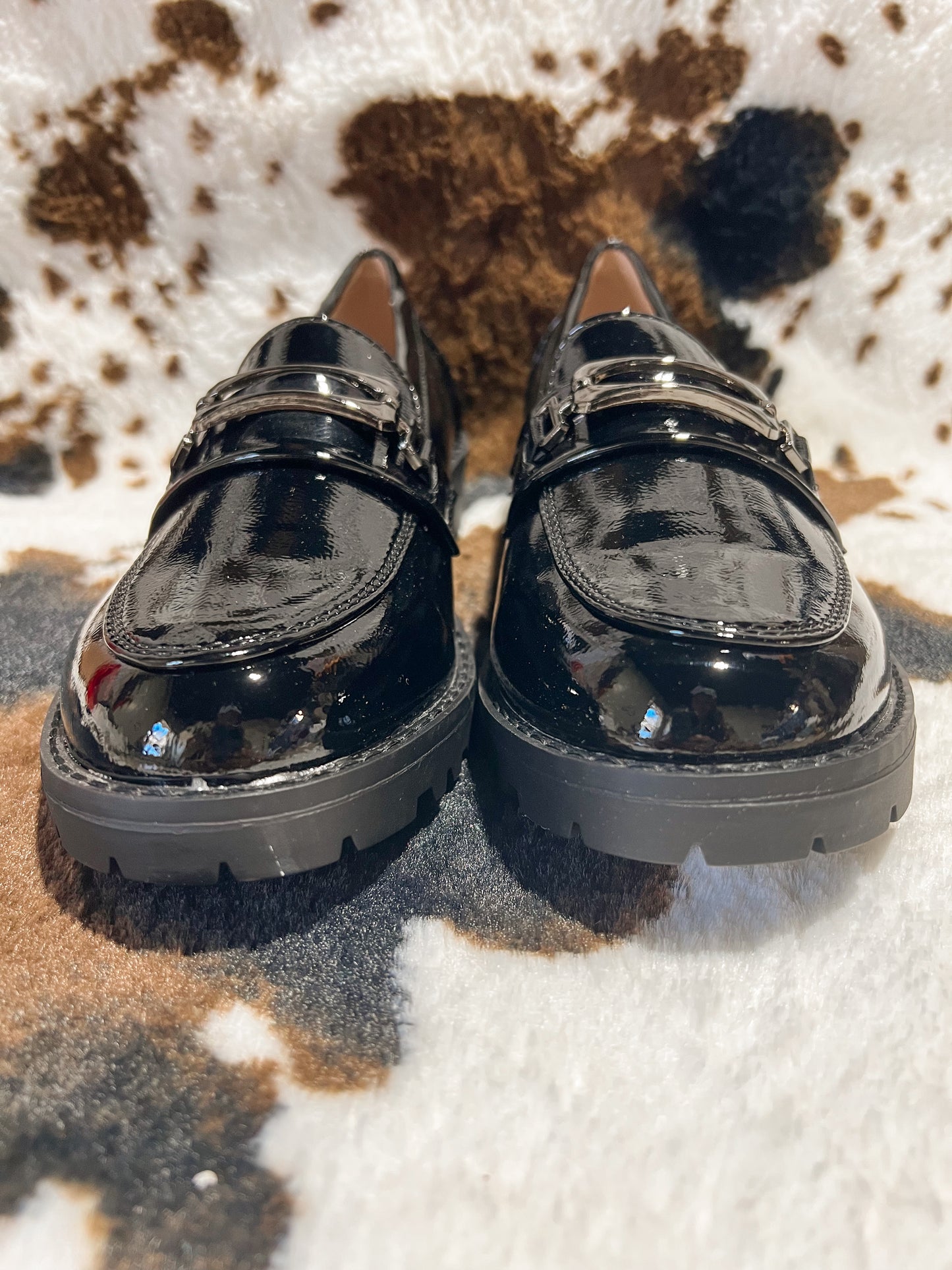 Anessa Black Faux Patent Leather Buckle Loafer