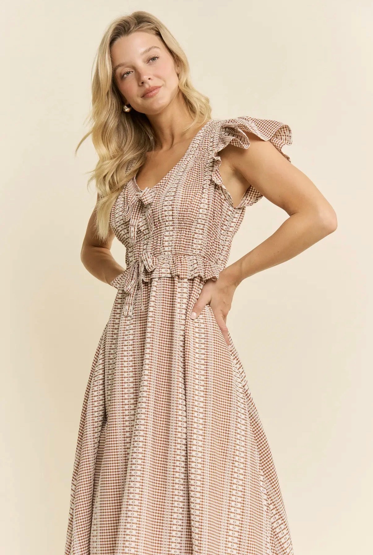 The Mocha Ribbon & Ruffle Midi Dress