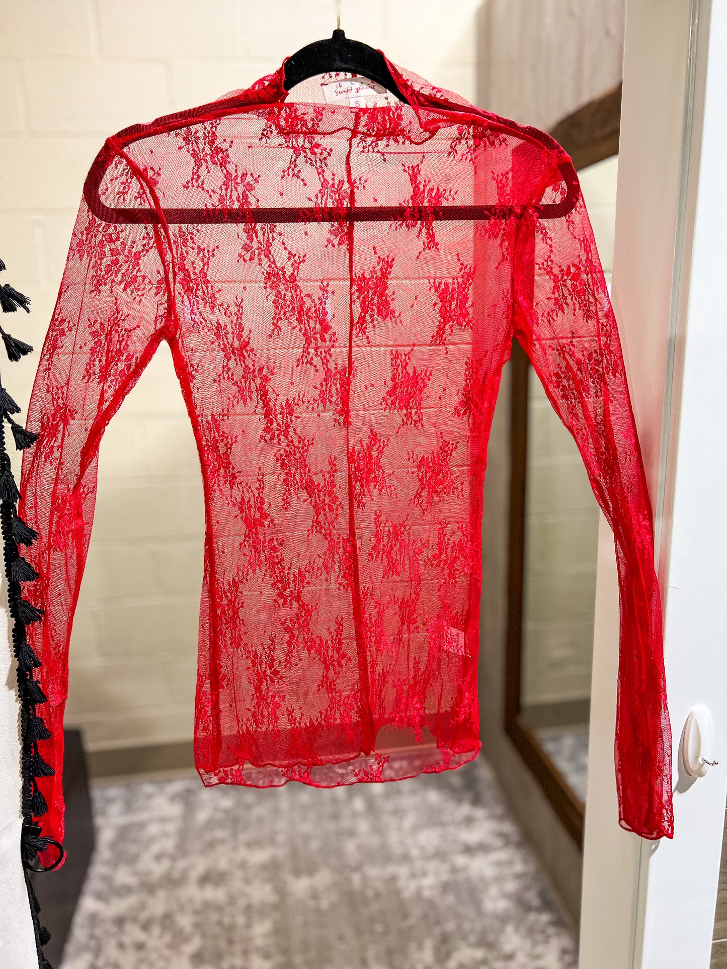 Red Sheer Mesh Lace Long Sleeve Top