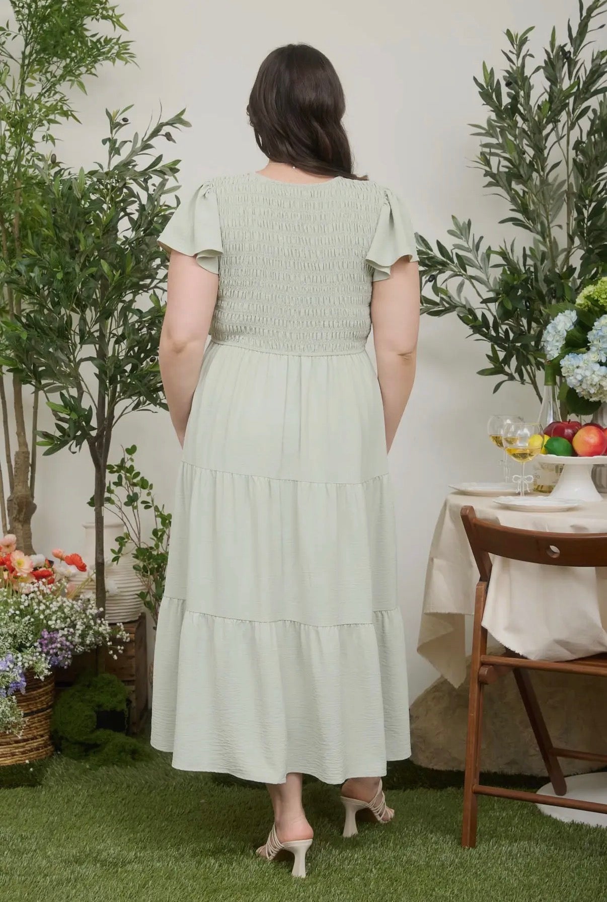 Sage Smocked Flutter Sleeve Midi Dress