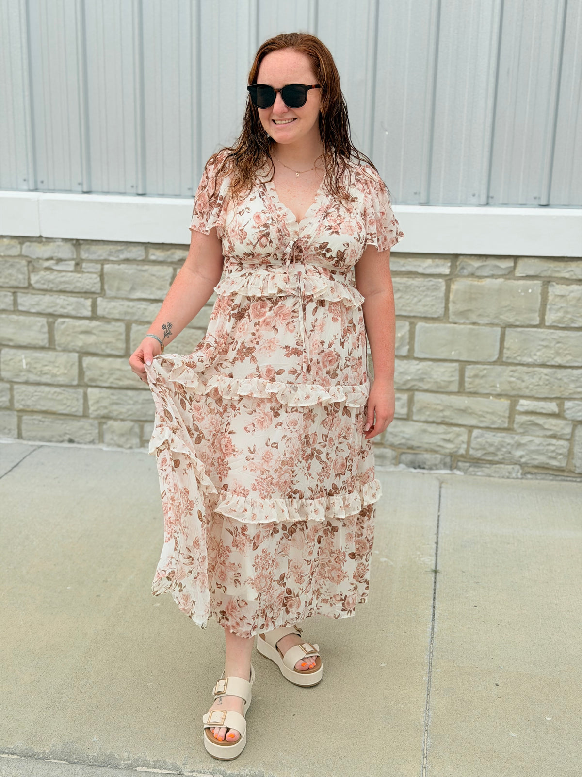 Ivory Floral Tiered Midi Dress