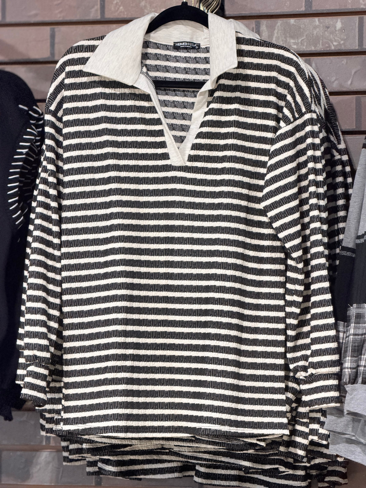 Black + Cream Collared Long Sleeve Top