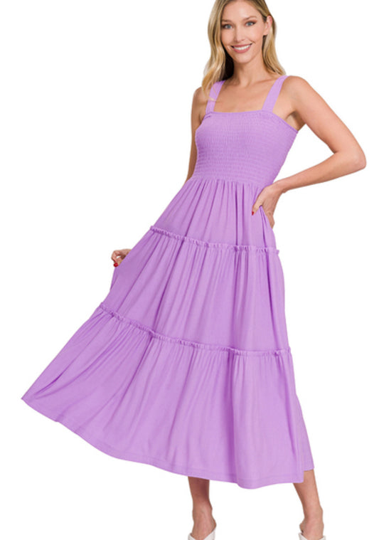 Lavender Smocked Tiered Sleeveless Midi Dress
