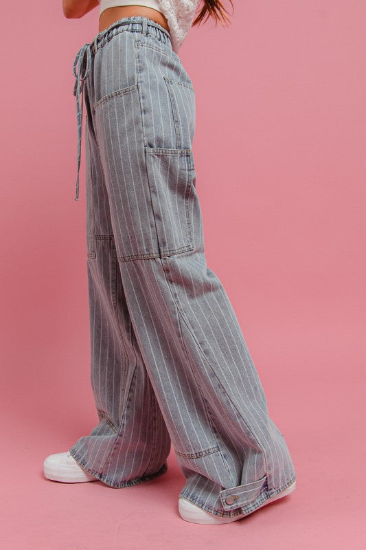 Vintage Striped Cargo Wide Leg Denim Pants