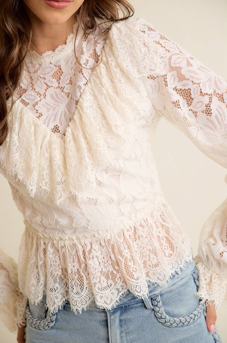 Cream Lace Ruffled Open Back Top