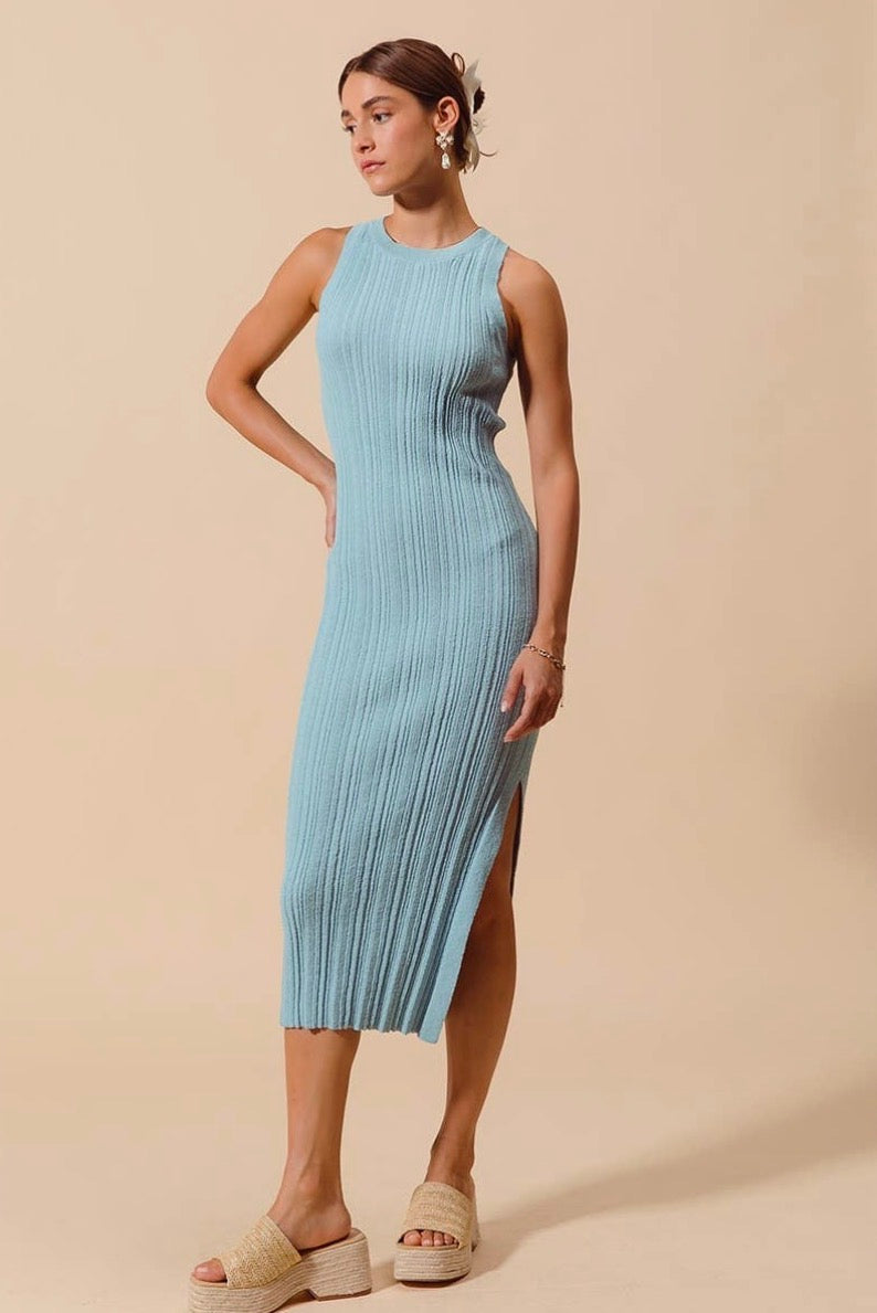 Light Blue Ribbed Knit Midi Dress