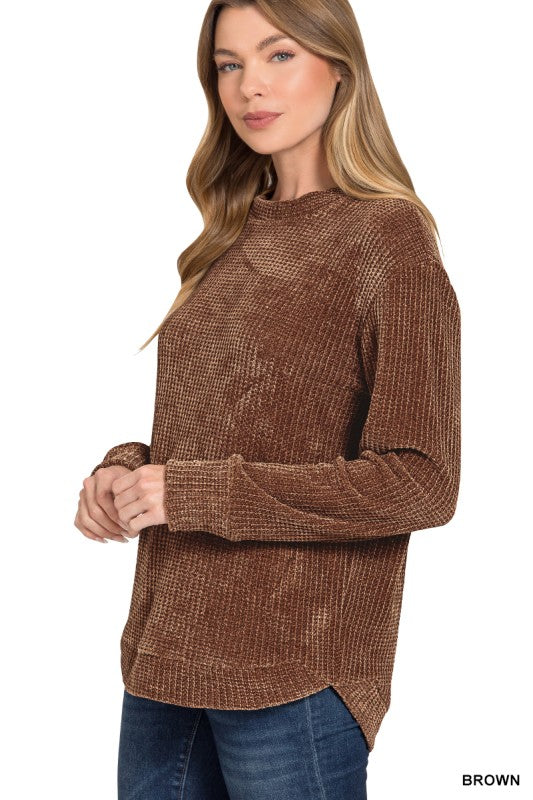 Brown Chenille Waffle Knit Sweater
