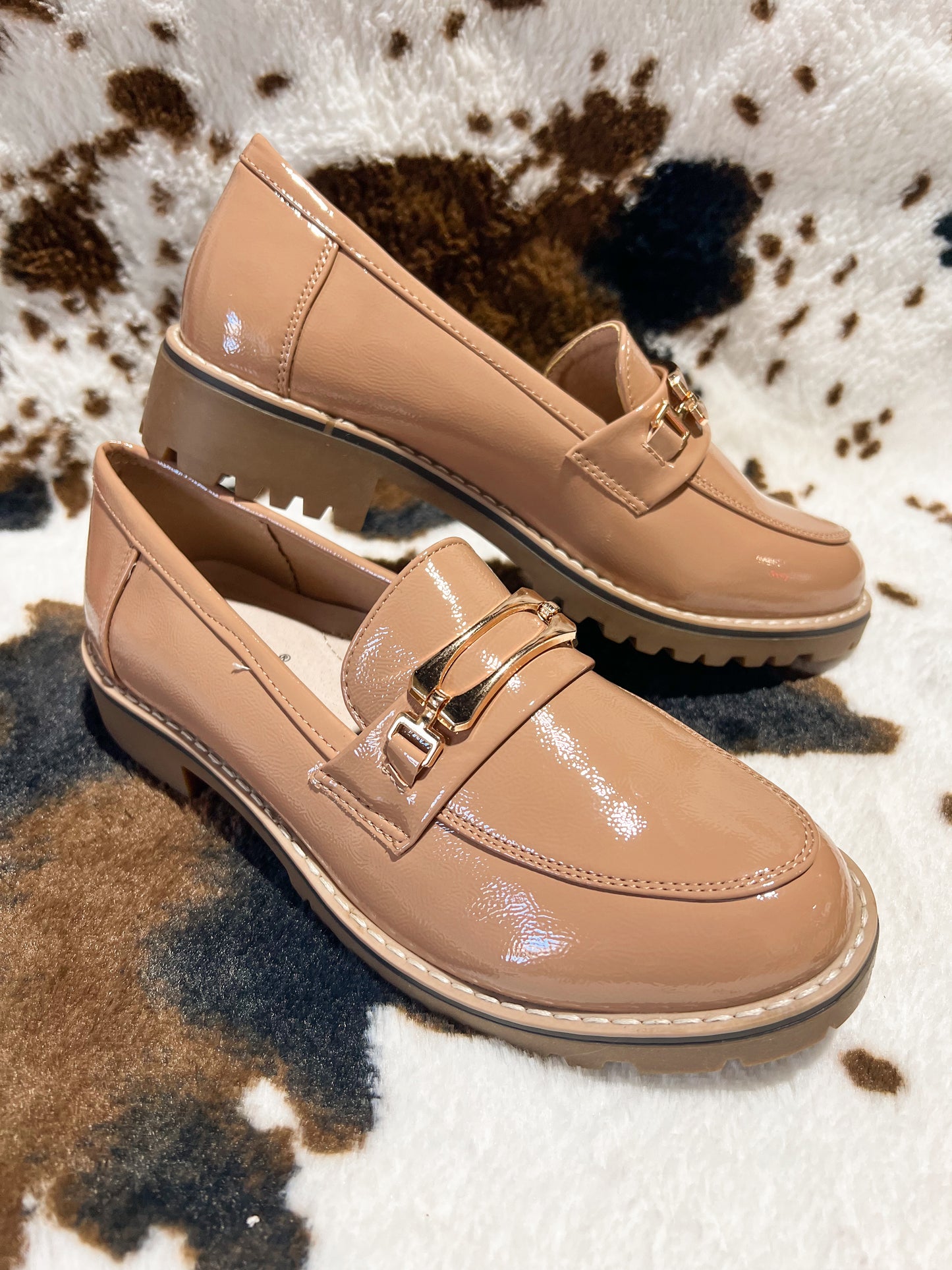 Anessa Taupe Faux Patent Leather Buckle Loafer