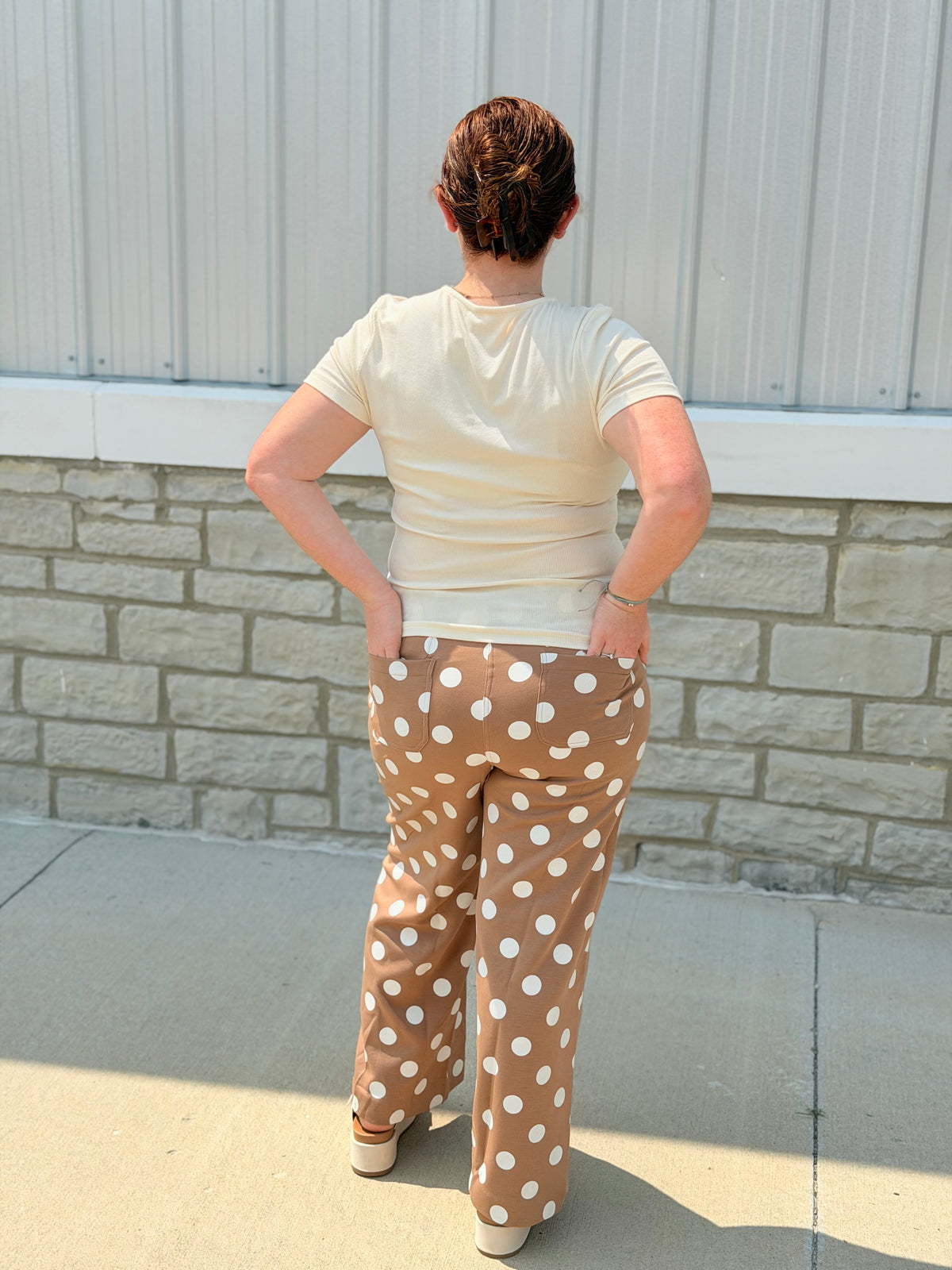 Camel Polka Dot High Rise Wide Leg Pants