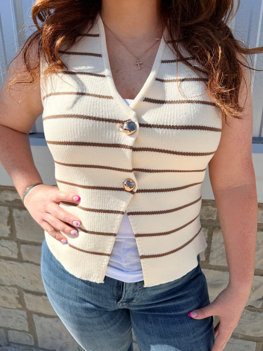 Taupe Striped Sleeveless Button Down Vest Top