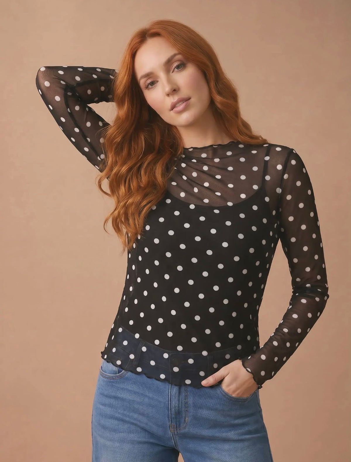 Black Polka Dot Mesh Long Sleeve