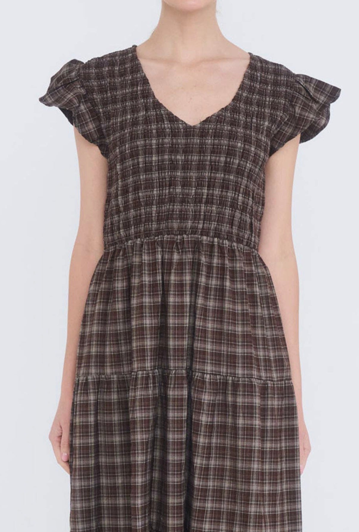 Brown Plaid Smocked Flutter Sleeve Dress