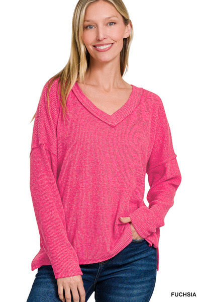 Solid Fuzzy Ribbed Long Sleeve Top