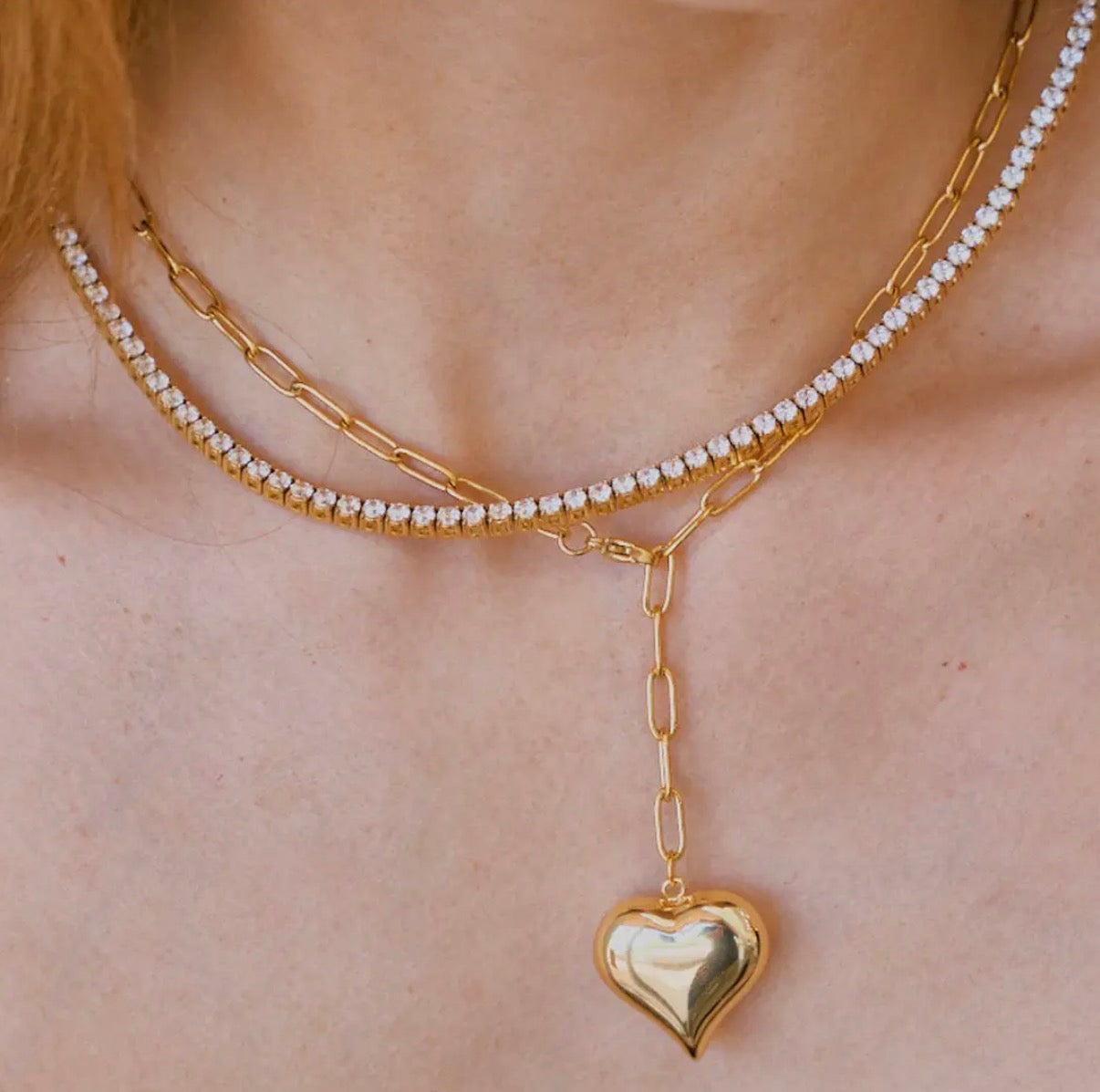 Gold Bubble Heart Paperclip Chain Necklace