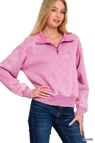 Mauve Acid Wash Quarter Zip Pullover