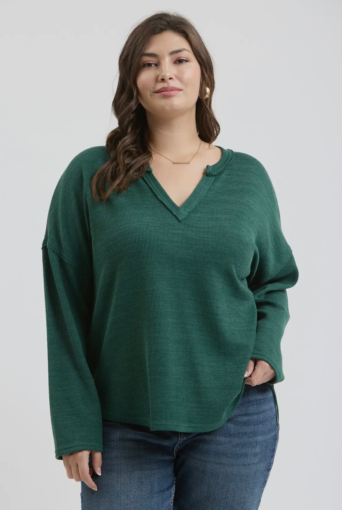 Forest Green Solid Notch Neck Knit Top