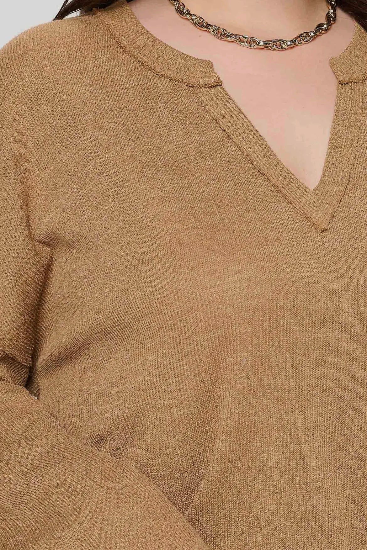 Almond Solid Notch Neck Knit Top