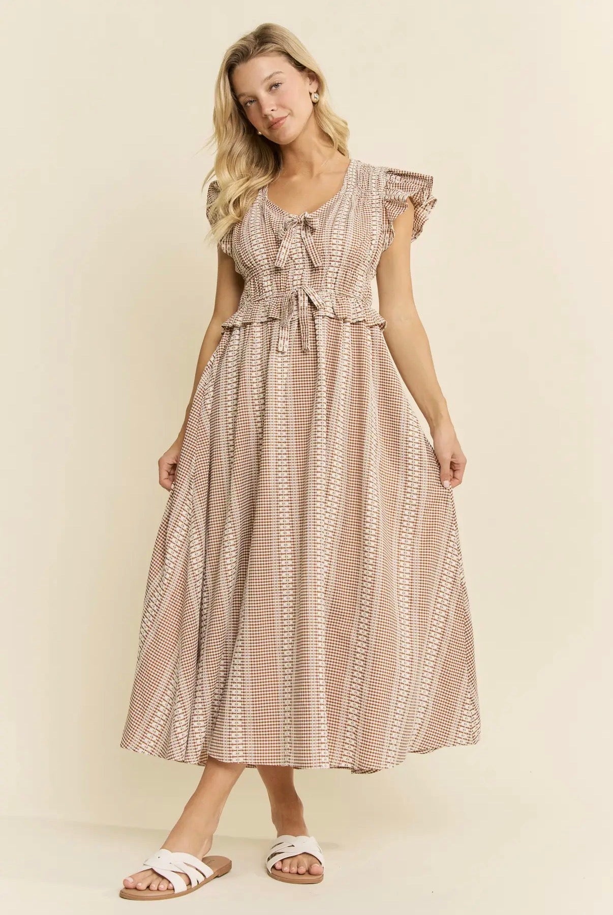 The Mocha Ribbon & Ruffle Midi Dress