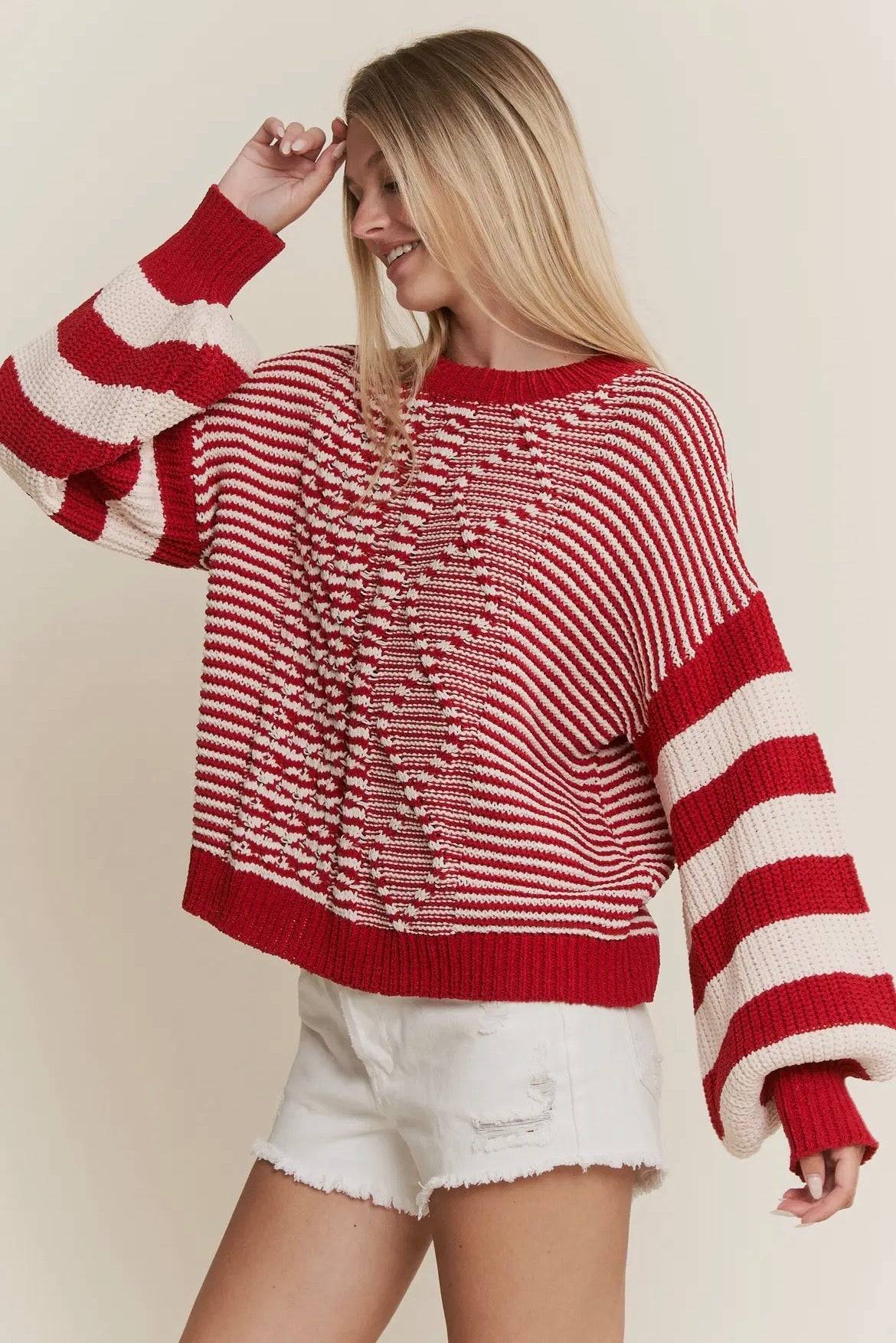 Red and White Stripe Crochet Sweater