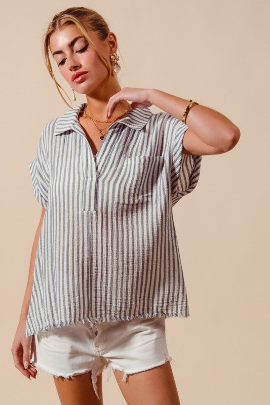 Denim Blue Stripe Cotton Top