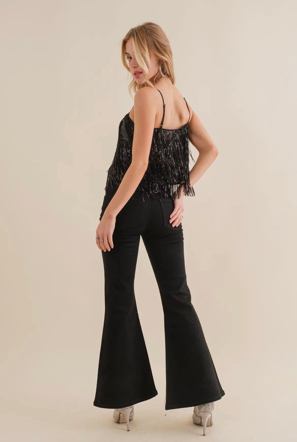 Black Tiered Sequin Cropped Tank Top